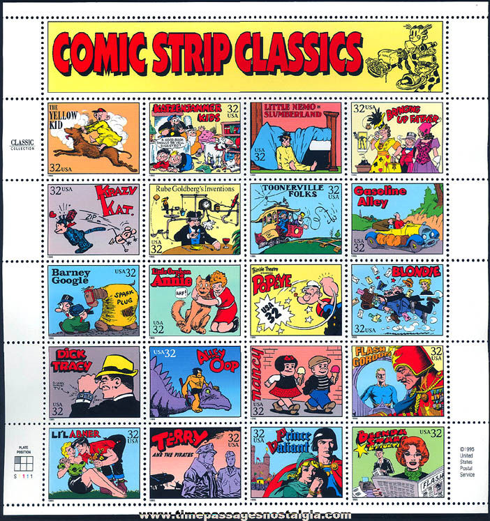 Colorful Unused ©1995 United States Postal Service Sheet of (20) Comic Strip Classics Stamps