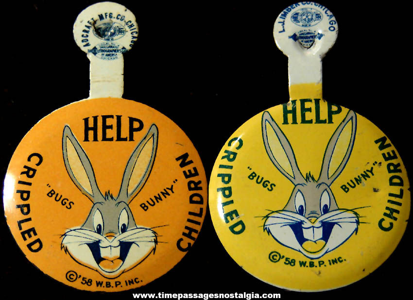 (2) 1958 Warner Brothers Bugs Bunny Cartoon Lithographed Tin Tab Crippled Children Charity Buttons