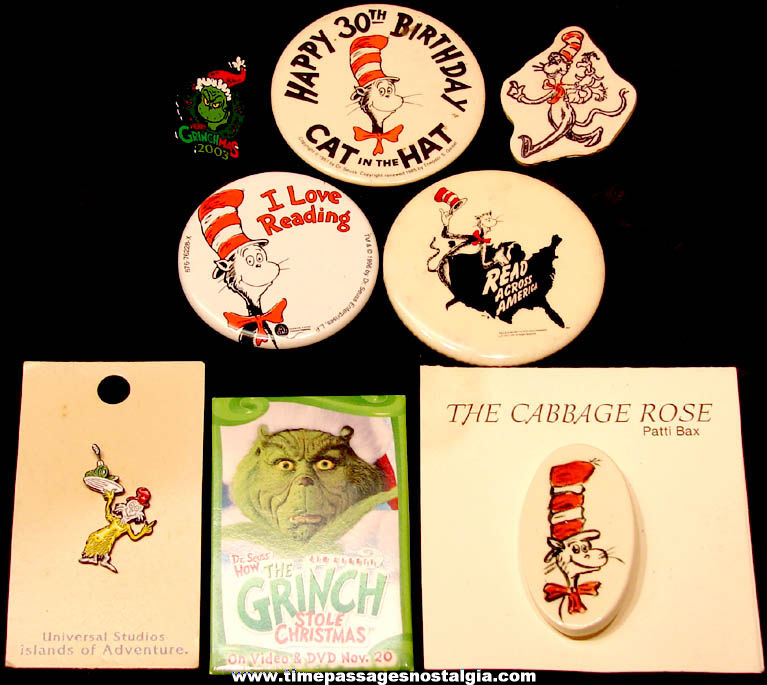 (8) Colorful Dr. Seuss Cat In The Hat & Grinch Cartoon Character Pins & Pin Back Buttons