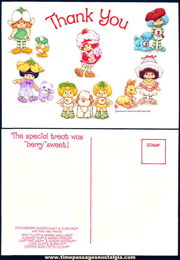 (20) Unused ©1983 Strawberry Shortcake Cartoon Comic Doll Character Thank You Post Cards
