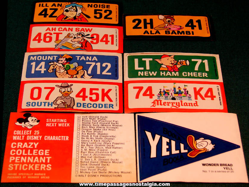 (8) Unused 1976 Walt Disney Character License Plate & College Pennant Premium Stickers
