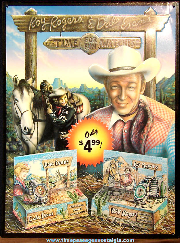 Colorful Roy Rogers and Dale Evans Time For Fun Watches Advertising Embossed Tin Sign