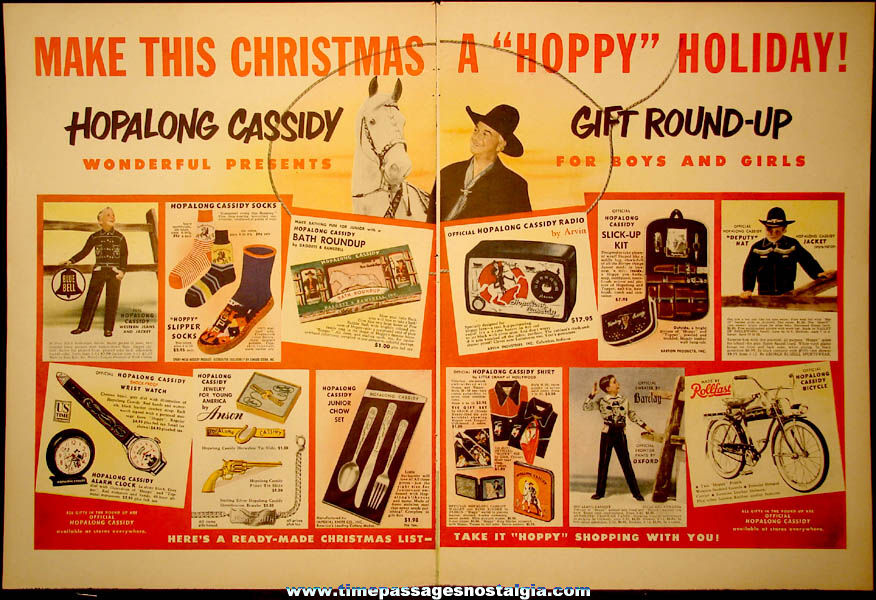Large Colorful Two Page Hopalong Cassidy Christmas Holiday Magazine Advertisement