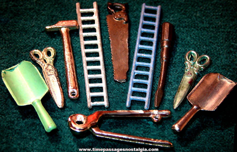 (10) Old Cracker Jack Pop Corn Confection Pot Metal or Lead Miniature Toy Prize Tools
