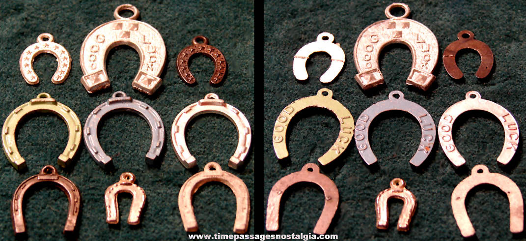 (8) Old Cracker Jack Pop Corn Confection Pot Metal or Lead Toy Prize Good Luck Horse Shoe Charms
