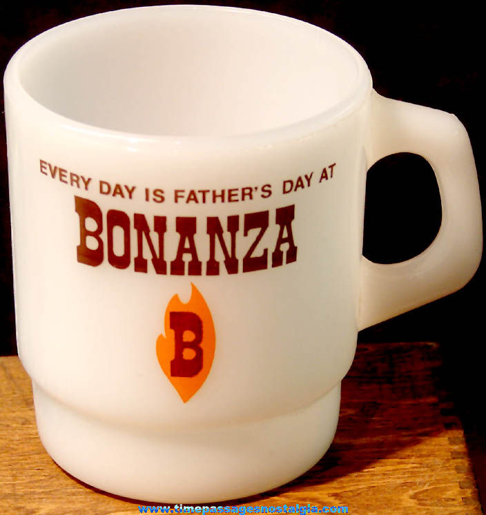 Old Bonanza Restaurant Fathers Day Advertising Anchor Hocking Fire King Milk Glass Coffee Cup