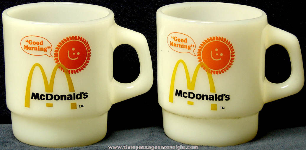 (2) Matching Old McDonalds Restaurant Advertising Anchor Hocking Fire King Milk Glass Coffee Cups