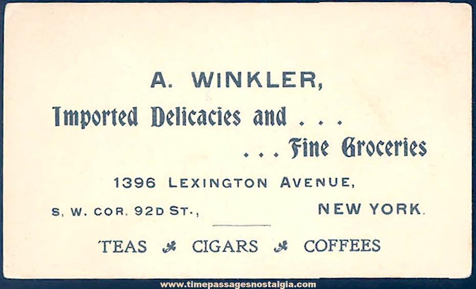 Old A. Winkler New York Corner Fine Grocery Store Advertising Business Card