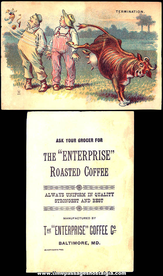 1800s Enterprise Roasted Coffee Company Advertising Business or Trade Card with Men and a Cow