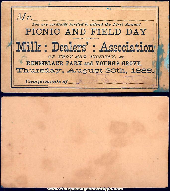 1888 Milk DealersAssociation Troy New York & Vicinity 1st Annual Picnic & Field Day Advertising Ticket