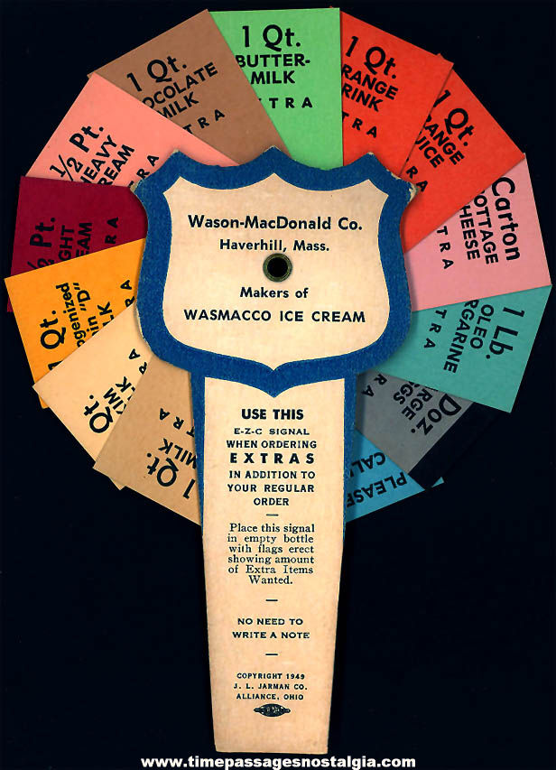 Colorful 1949 Wason - MacDonald Company Haverhill Massachusetts Dairy Advertising Milkman Order Signal