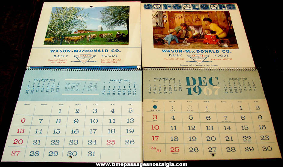 (2) Different Colorful Unused 1960s Wason - MacDonald Company Haverhill Massachusetts Dairy Advertising Premium Calendars