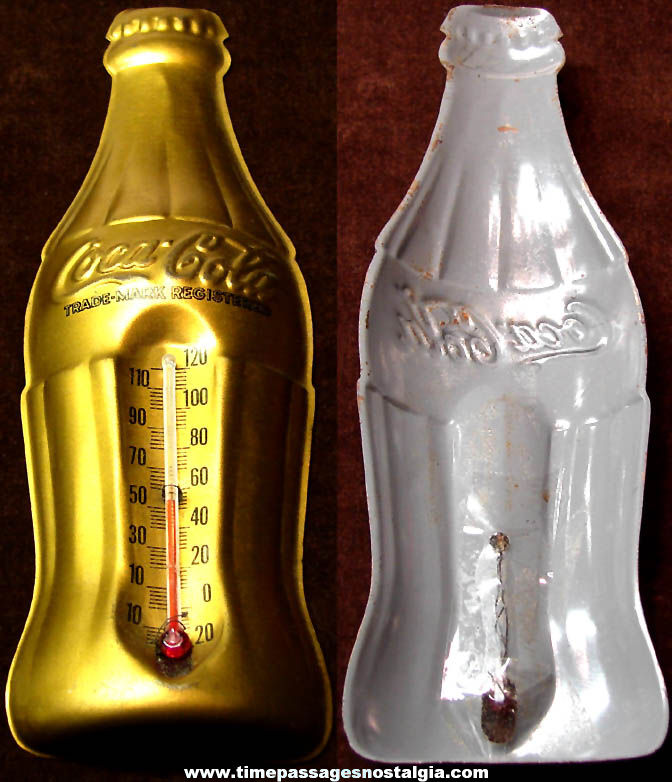 Old Coca Cola Embossed Tin Painted Bottle Advertising Thermometer