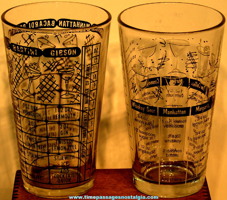 (2) Different Old Imprinted Cocktail Drink Measuring Recipe Bar Glasses