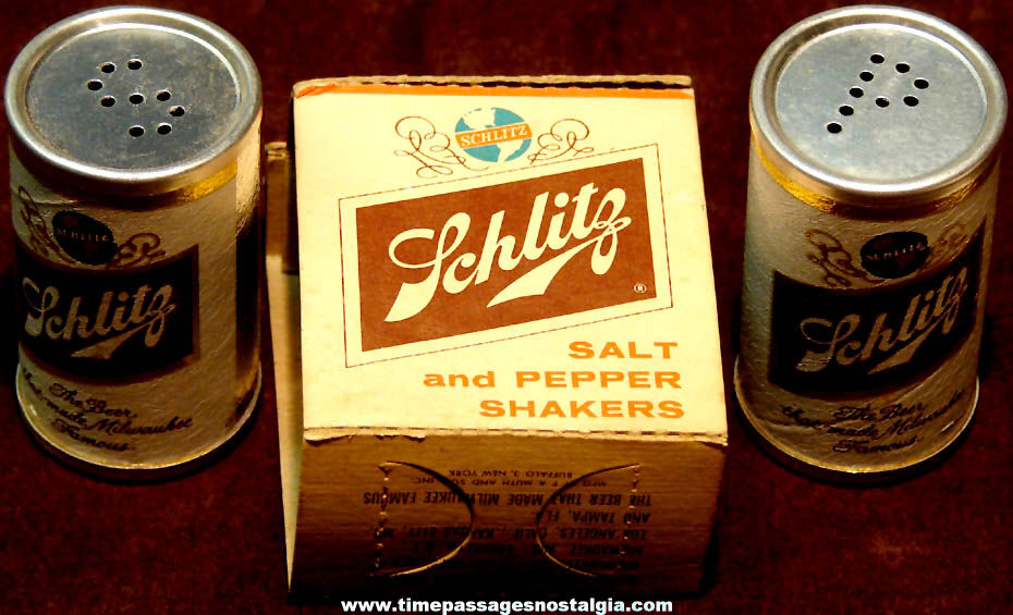 1961 Boxed & Unused Schlitz Beer Advertising Miniature Metal Can Salt & Pepper Shaker Set