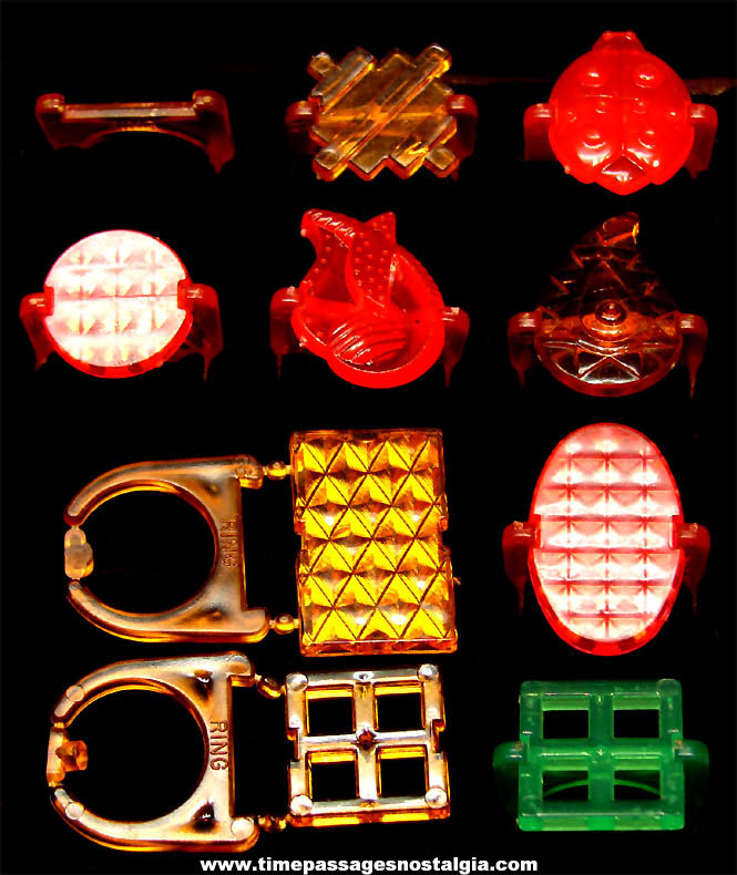 (10) Different 1970s Cracker Jack Pop Corn Confection Snap Together Neon Colored Prize Toy Rings