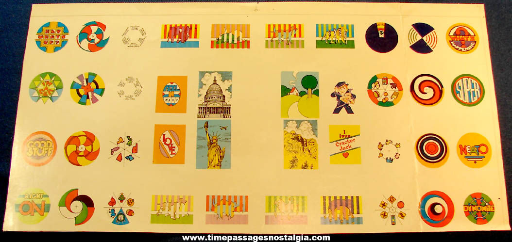 Colorful 1970s Cracker Jack Series #Z-1392 Toy Prize Art or Proof Sheet With (31) Unused Prizes