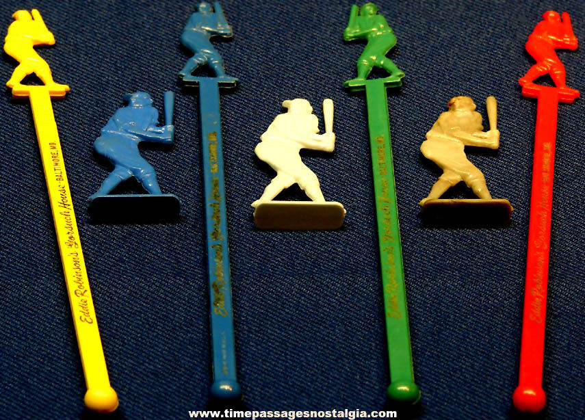 (3) 1950s Cracker Jack Prize Baseball Player Figures with (4) similar Baseball Player Swizzle Drink Stir Sticks
