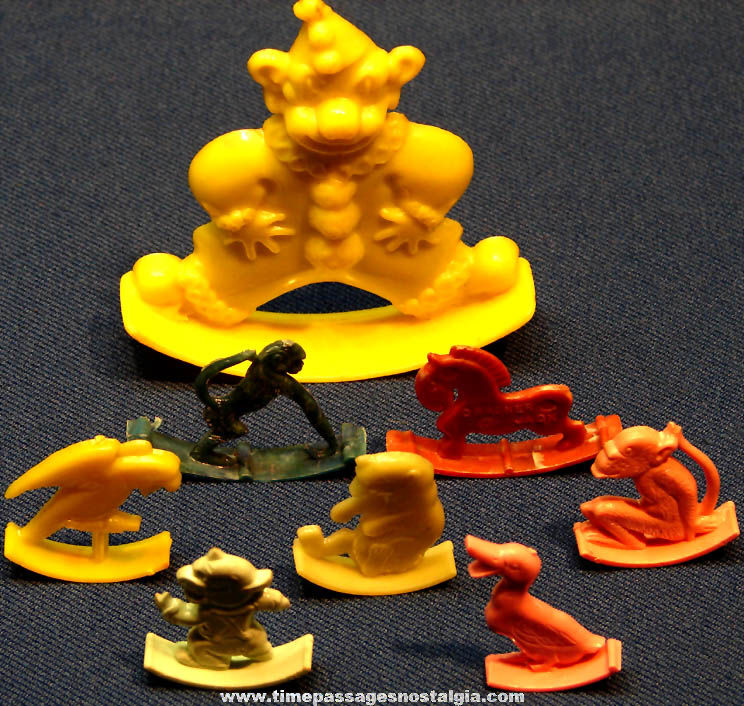 (7) Different Colorful Old Cracker Jack Rocker Toy Prize Plastic Figures + Bonus