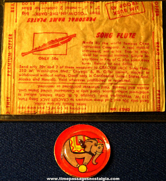 Rare 1955 Cracker Jack Mail Away Premium Offer Prize Wrapper With Circus Elephant Dexterity Puzzle Prize