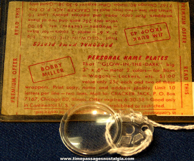 Rare 1958 Cracker Jack Mail Away Premium Offer Prize Wrapper With Magnifying Glass Prize