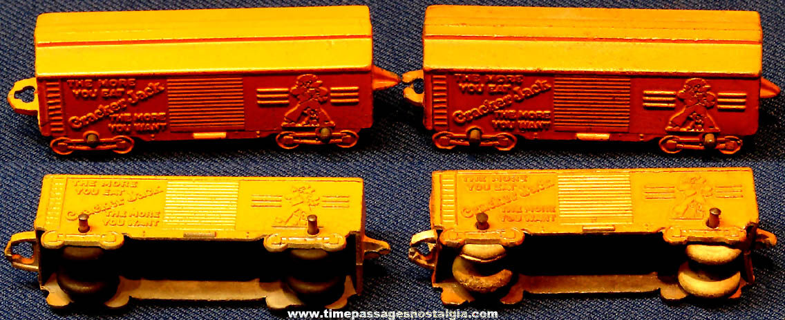 (2) Old Cracker Jack Painted Metal Tootsietoy Company New York Central Railroad Miniature Toy Train Box Cars