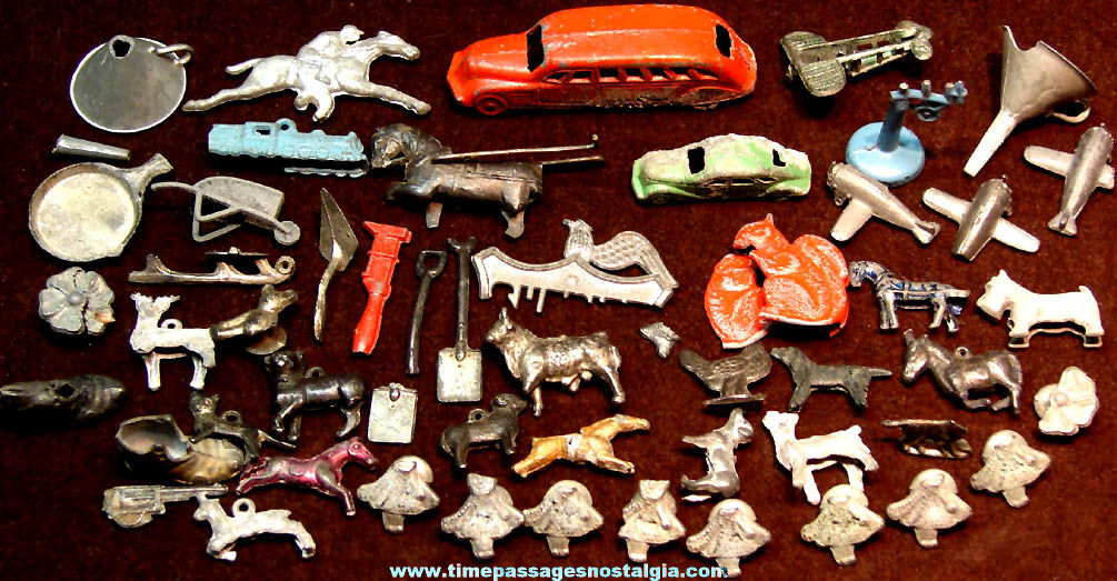 (51) Old Cracker Jack Pot Metal or Lead Toy Prizes With Broken or Missing Parts