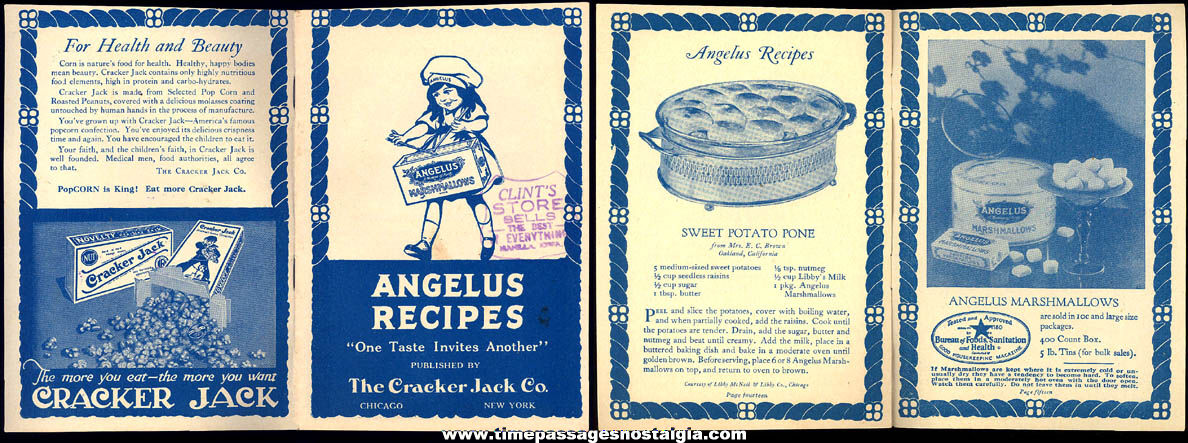 1920s Cracker Jack Company Angelus Marshmallows Advertising Premium Recipe Booklet
