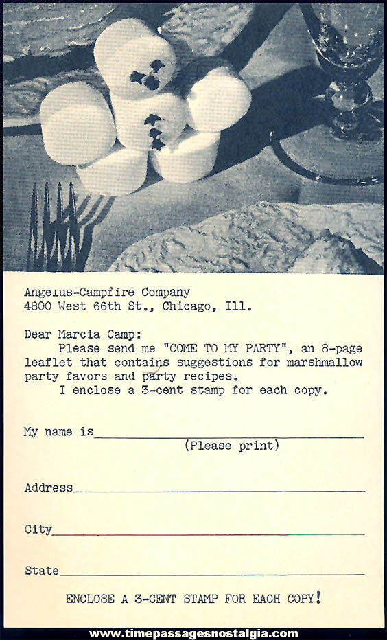 Unused 1920s Angelus - Campfire Marshmallows Company Advertising Premium Recipe Booklet Order Form
