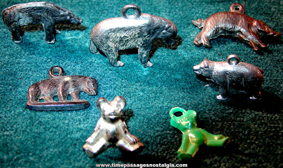 (7) Old Cracker Jack Pop Corn Confection Pot Metal or Lead Toy Prize Bear Animal Charms and Figures