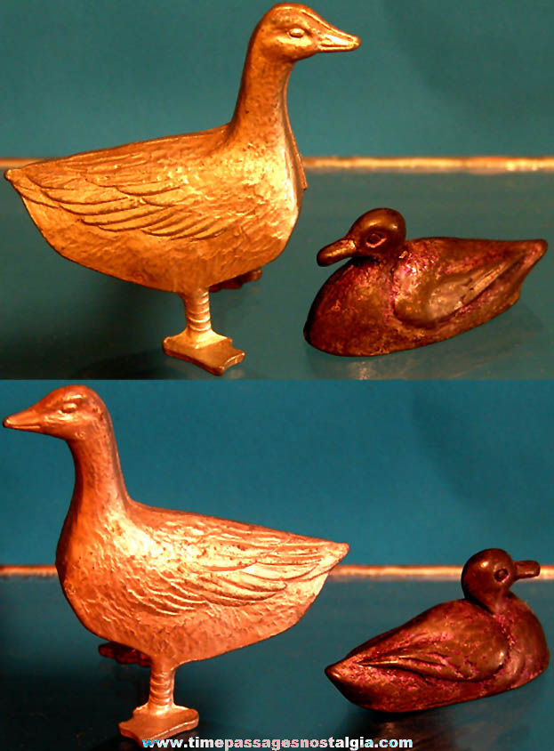 (2) Old Cracker Jack Pop Corn Confection Pot Metal or Lead Toy Prize Duck or Goose Bird Animal Figures
