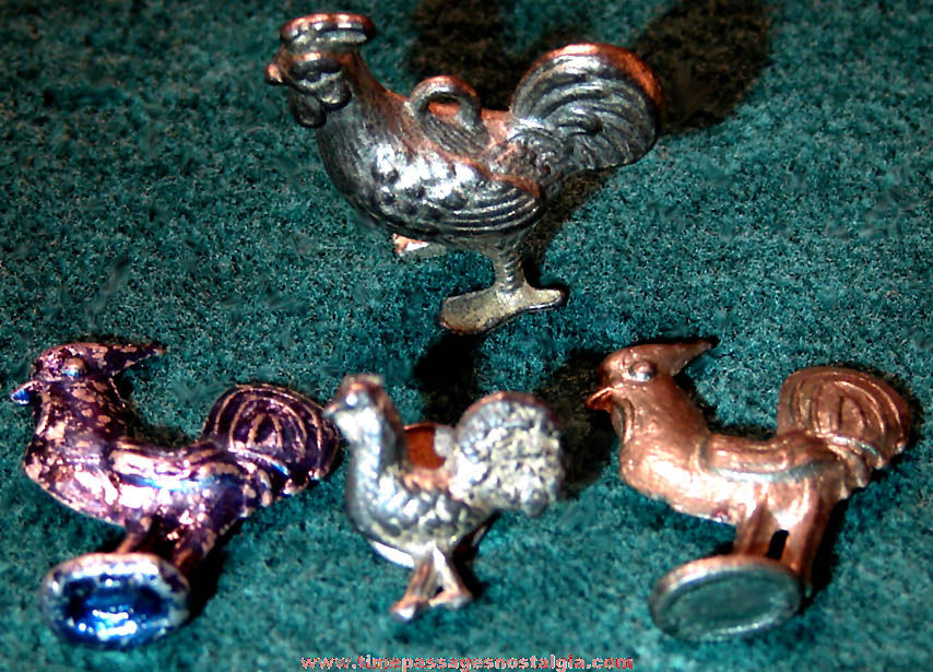 (4) Old Cracker Jack Pop Corn Confection Pot Metal or Lead Toy Prize Chicken or Rooster Bird Animal Figures