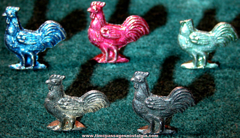 (5) Old Cracker Jack Pop Corn Confection Pot Metal or Lead Toy Prize Chicken Rooster Bird Animal Figures