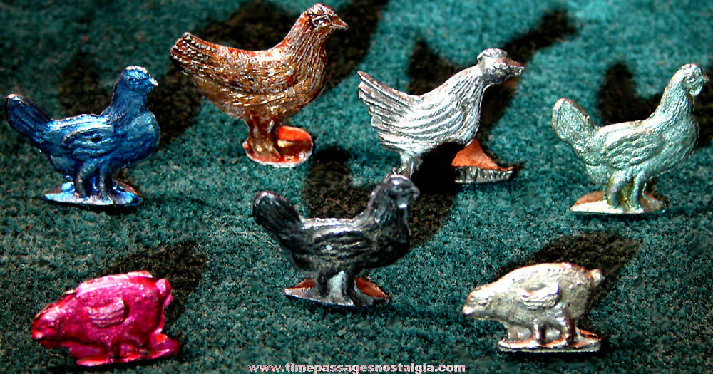 (7) Old Cracker Jack Pop Corn Confection Pot Metal or Lead Toy Prize Chicken & Chick Bird Animal Figures
