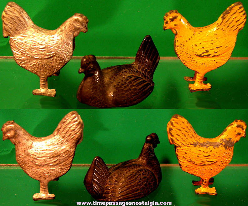 (3) Old Cracker Jack Pop Corn Confection Pot Metal or Lead Toy Prize Chicken Bird Animal Figures
