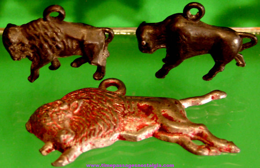(3) Different Old Cracker Jack Pop Corn Confection Pot Metal or Lead Toy Prize American Buffalo or Bison Animal Charm Figures