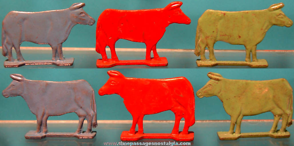 (3) Old Cracker Jack Pop Corn Confection Pot Metal or Lead Toy Prize Cow Animal Figures