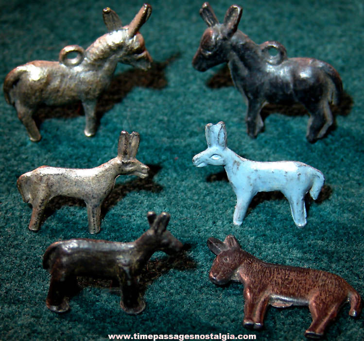 (6) Old Cracker Jack Pop Corn Confection Pot Metal or Lead Toy Prize Donkey or Mule Animal Charms & Figures