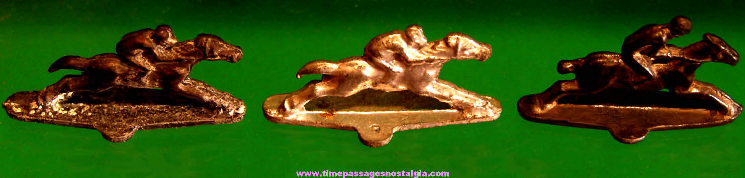 (3) Old Cracker Jack Pop Corn Confection Pot Metal or Lead Toy Prize Jockey & Race Horse Animal Figures