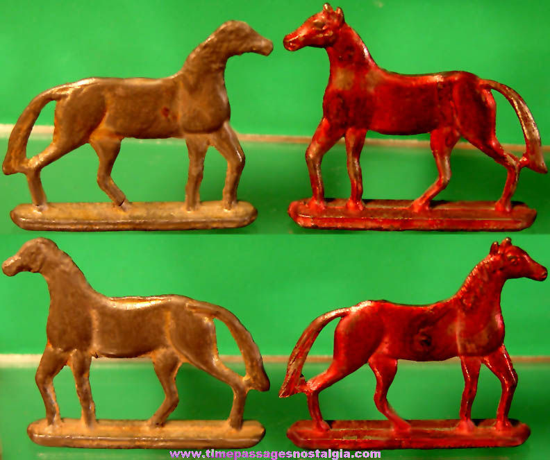 (2) Old Cracker Jack Pop Corn Confection Pot Metal or Lead Toy Prize Horse Animal Figures