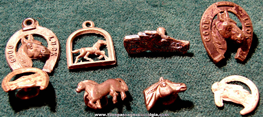 (8) Old Cracker Jack Pop Corn Confection Pot Metal or Lead Toy Prize Horse Animal Lapel Stud Buttons & Charms