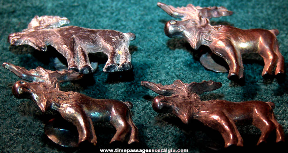 (4) Old Cracker Jack Pop Corn Confection Pot Metal or Lead Toy Prize Moose Animal Figure Lapel Stud Buttons