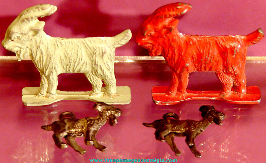 (4) Old Cracker Jack Pop Corn Confection Pot Metal or Lead Toy Prize Goat Animal Figures & Charms