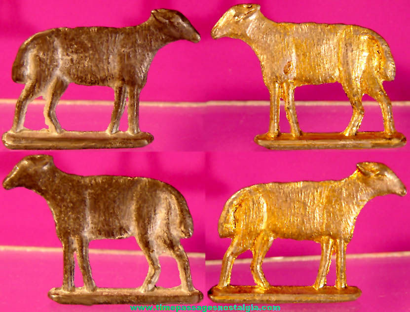 (2) Old Cracker Jack Pop Corn Confection Pot Metal or Lead Toy Prize Sheep Animal Figures