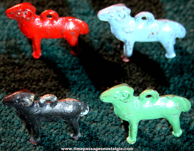(4) Old Cracker Jack Pop Corn Confection Pot Metal or Lead Toy Prize Ram Sheep Animal Figure Charms