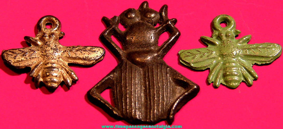 (3) Old Cracker Jack Pop Corn Confection Pot Metal or Lead Toy Prize Insect Figure & Charms