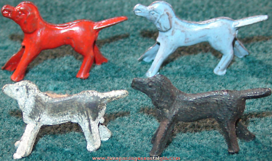 (4) Old Cracker Jack Pop Corn Confection Pot Metal or Lead Toy Prize Dog Figures