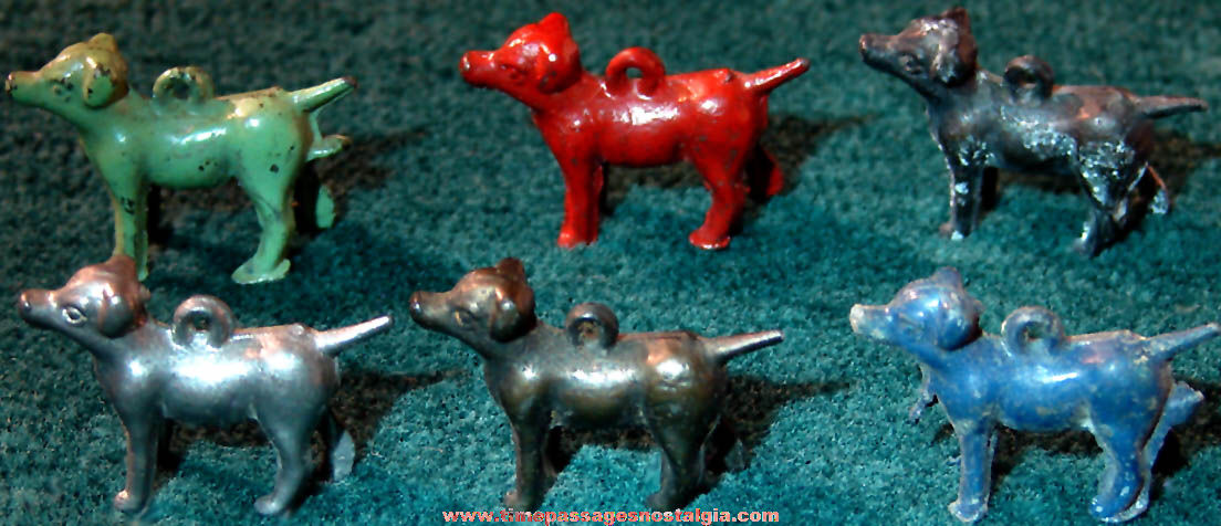 (6) Old Cracker Jack Pop Corn Confection Pot Metal or Lead Toy Prize Dog Figure Charms