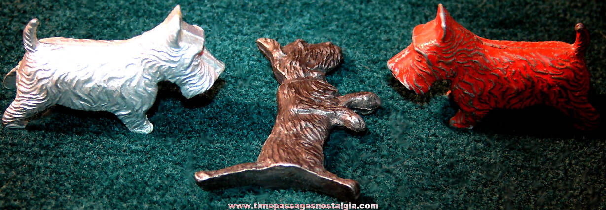 (3) Old Cracker Jack Pop Corn Confection Pot Metal or Lead Toy Prize Scottish Terrier Dog Figures