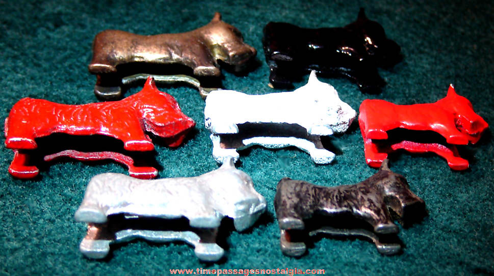 (7) Old Cracker Jack Pop Corn Confection Pot Metal or Lead Toy Prize Scottish Terrier Dog Figures